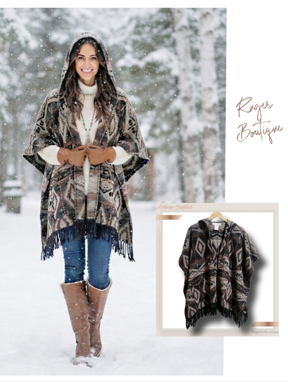 🌿Artisan Crafted Women's Medium Boho Hooded Cape Fringed Cardigan - Picture 1 of 11